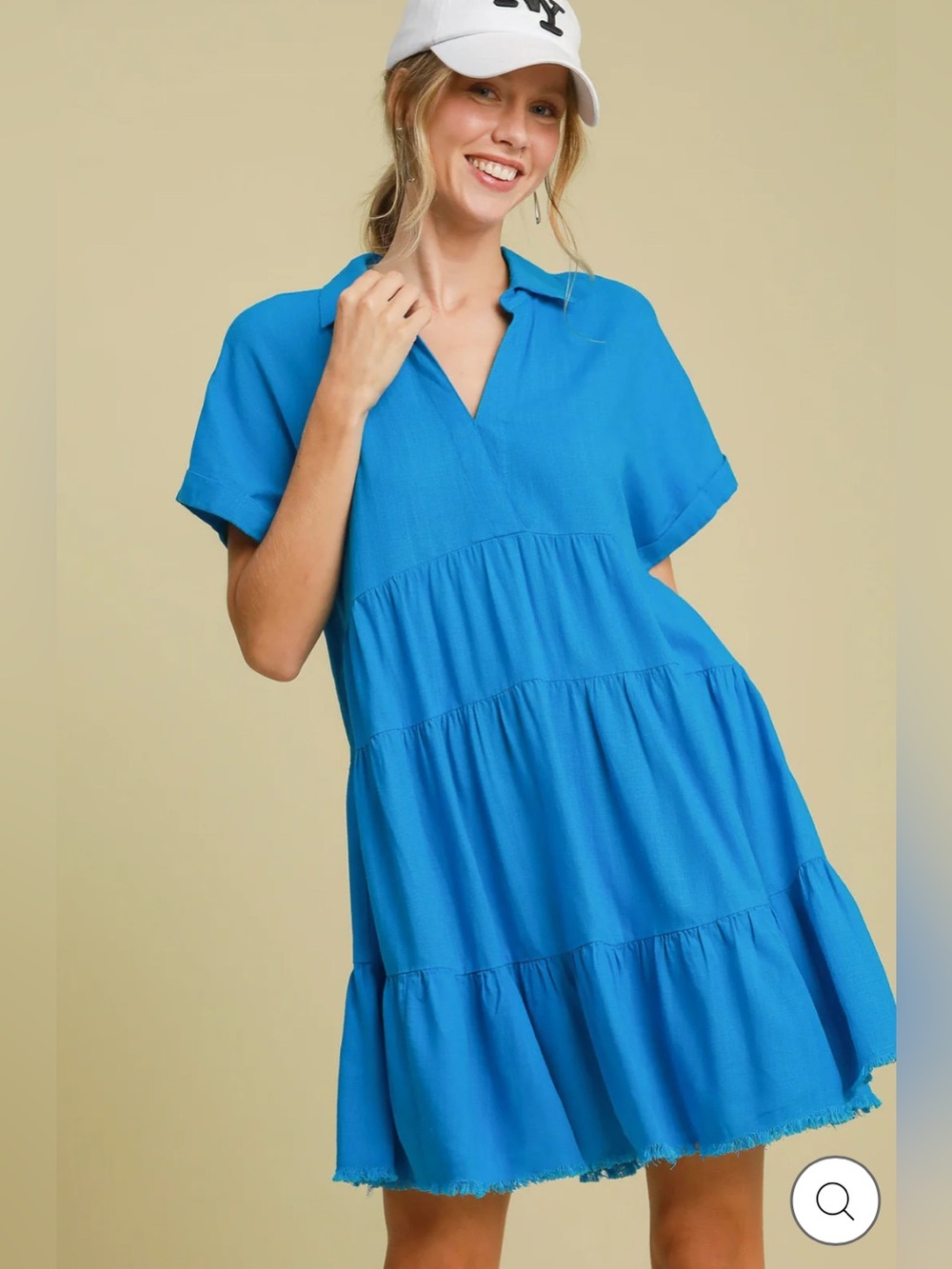 Umgee Women's Blue Tiered Dress, Size S Linen Blend Raw Hem Spring/Summer